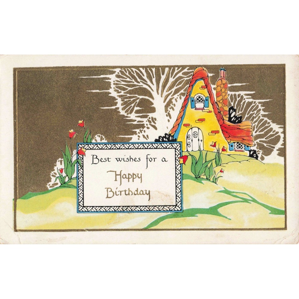 Happy Birthday Postcard Whimsical Storybook Cottage Fairy Tale White Border Vtg